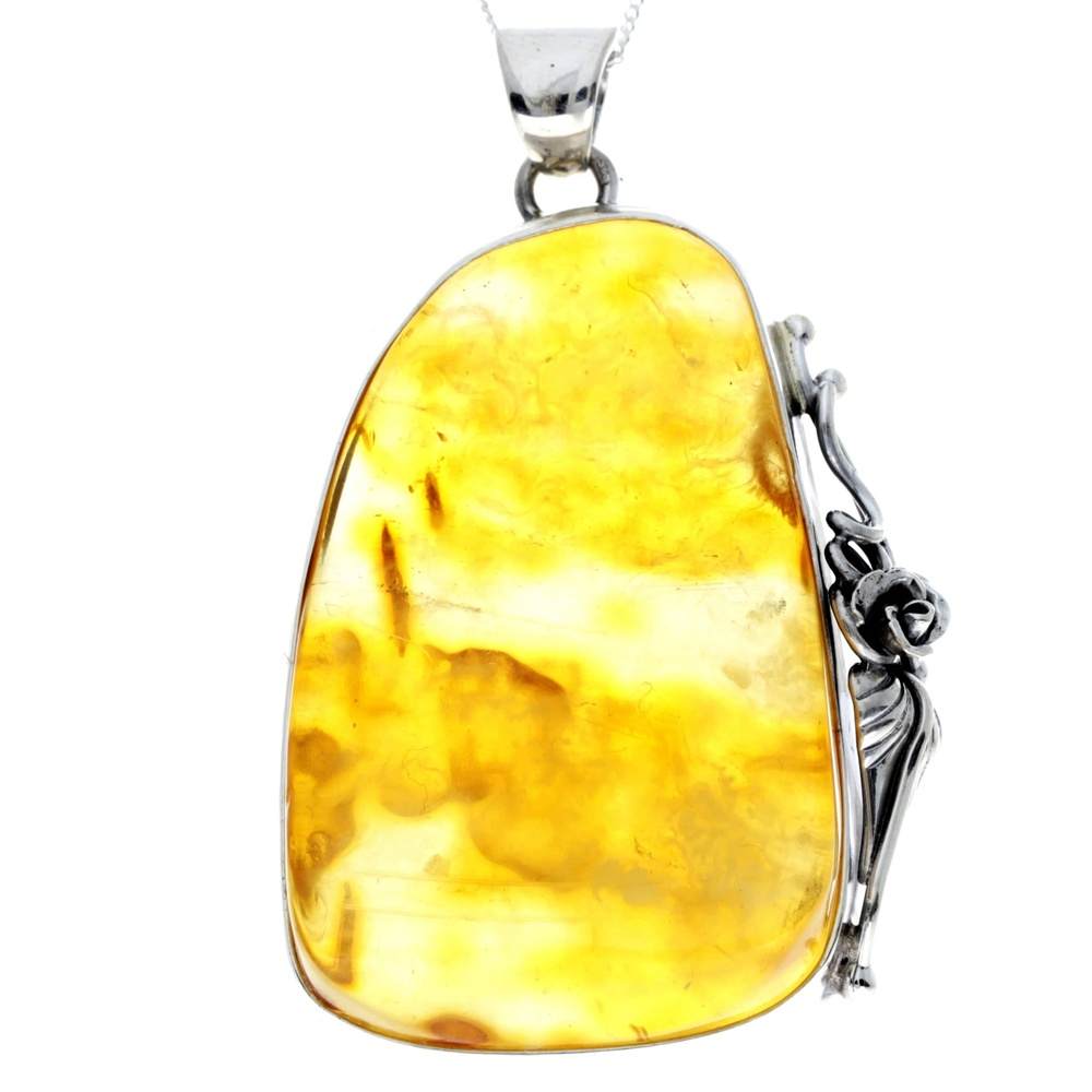 925 Sterling Silver & Genuine Honey Baltic Amber Exlusive Unique Pendant - PD2372