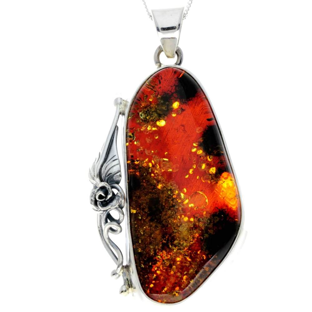 925 Sterling Silver & Genuine Green Baltic Amber Exlusive Unique Pendant - PD2375