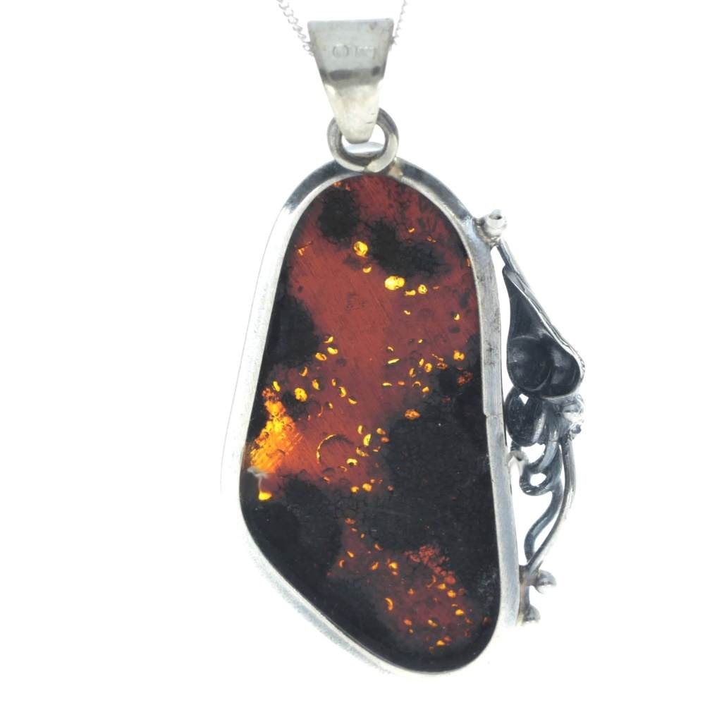 925 Sterling Silver & Genuine Green Baltic Amber Exlusive Unique Pendant - PD2375