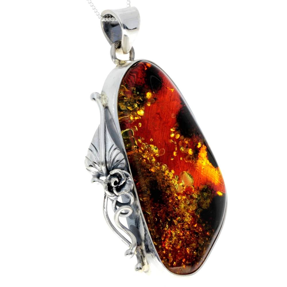 925 Sterling Silver & Genuine Green Baltic Amber Exlusive Unique Pendant - PD2375