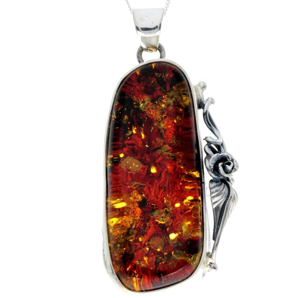 925 Sterling Silver & Genuine Green Baltic Amber Exlusive Unique Pendant - PD2376