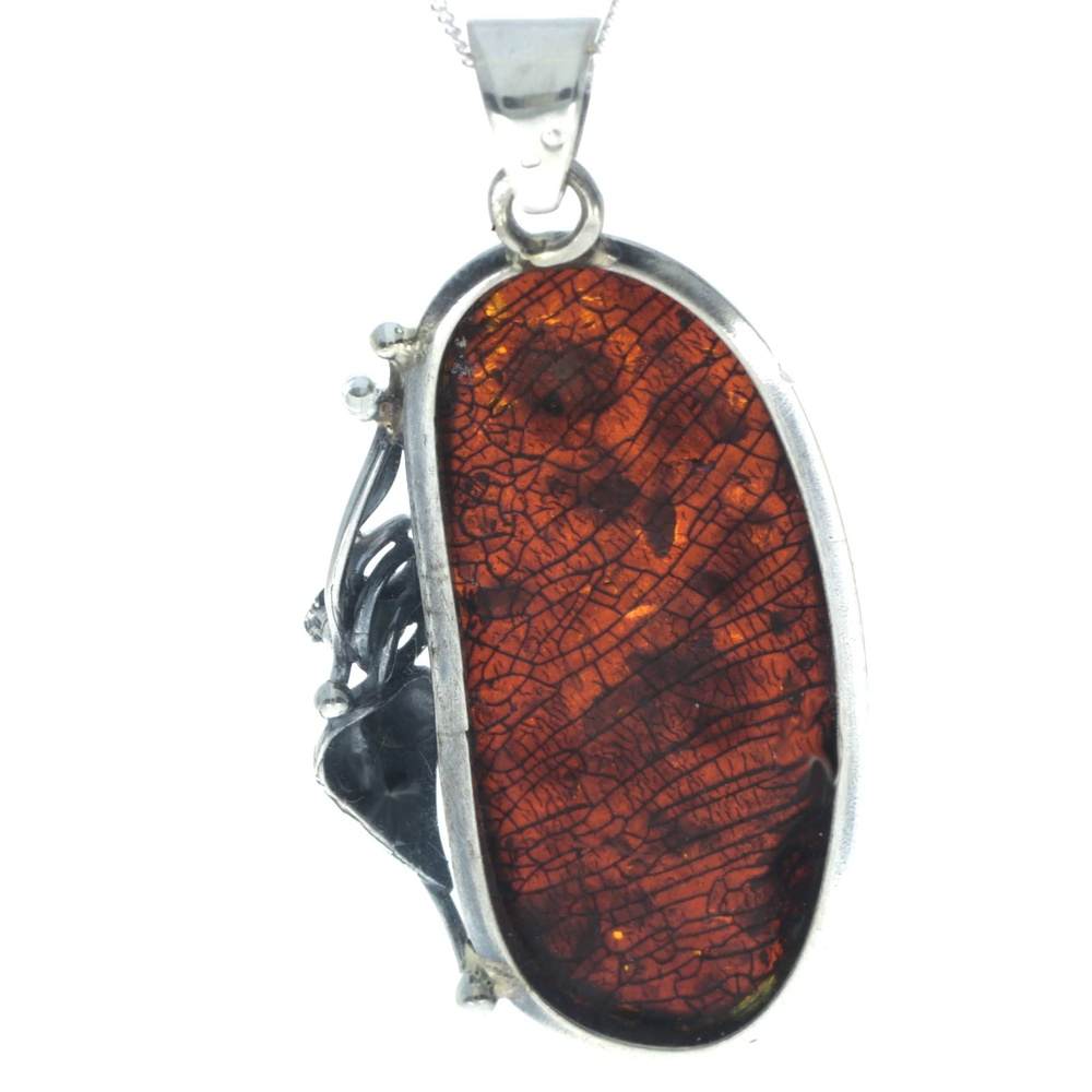 925 Sterling Silver & Genuine Green Baltic Amber Exlusive Unique Pendant - PD2377