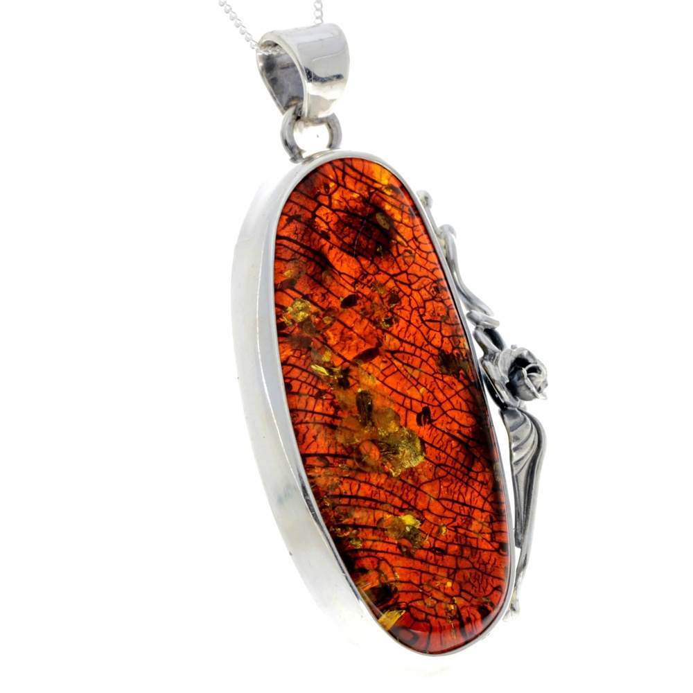 925 Sterling Silver & Genuine Green Baltic Amber Exlusive Unique Pendant - PD2377