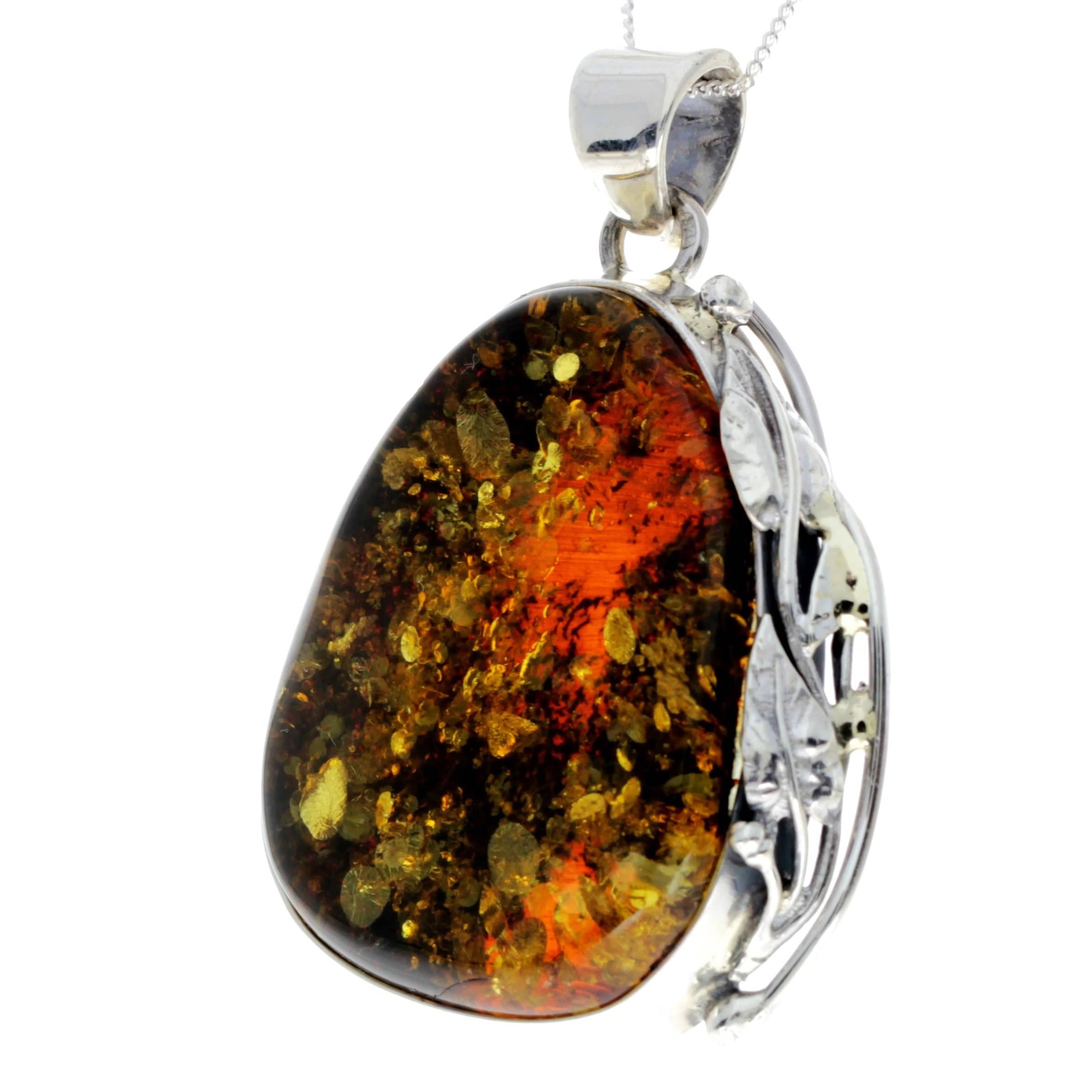 925 Sterling Silver & Genuine Green Baltic Amber Exlusive Unique Pendant - PD2378