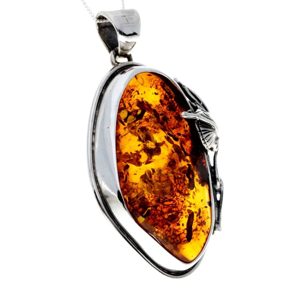 925 Sterling Silver & Genuine Cognac Baltic Amber Exlusive Unique Pendant - PD2386