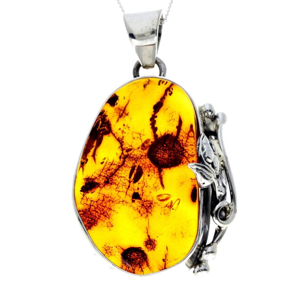 925 Sterling Silver & Genuine Cognac Baltic Amber Exlusive Unique Pendant - PD2390