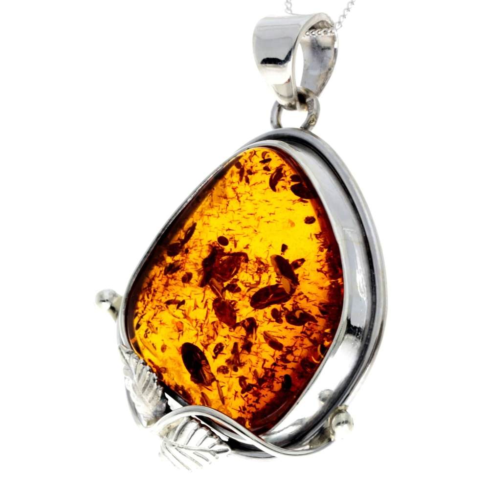 925 Sterling Silver & Genuine Cognac Baltic Amber Exlusive Unique Pendant - PD2391