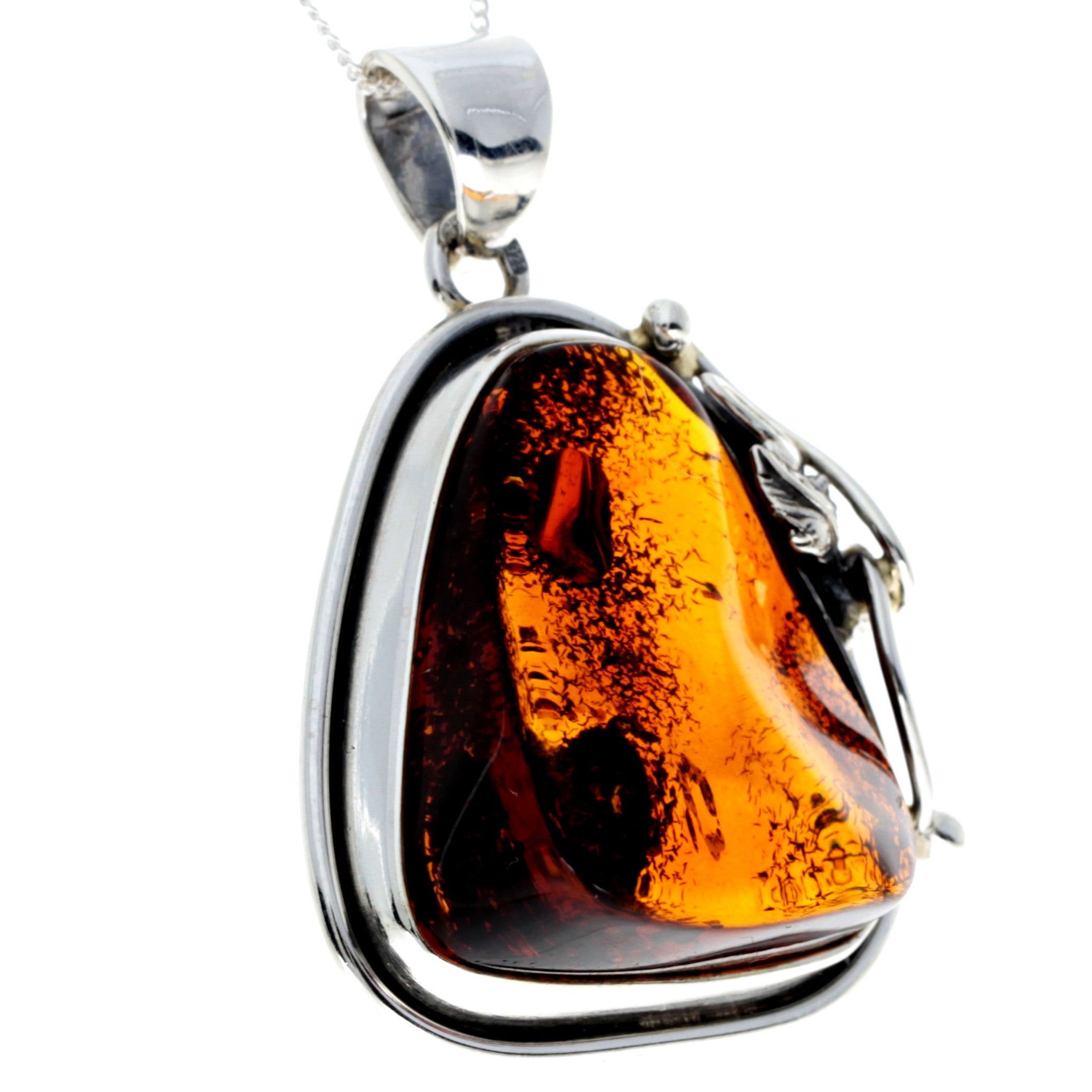 925 Sterling Silver & Genuine Cognac Baltic Amber Exlusive Unique Pendant - PD2392