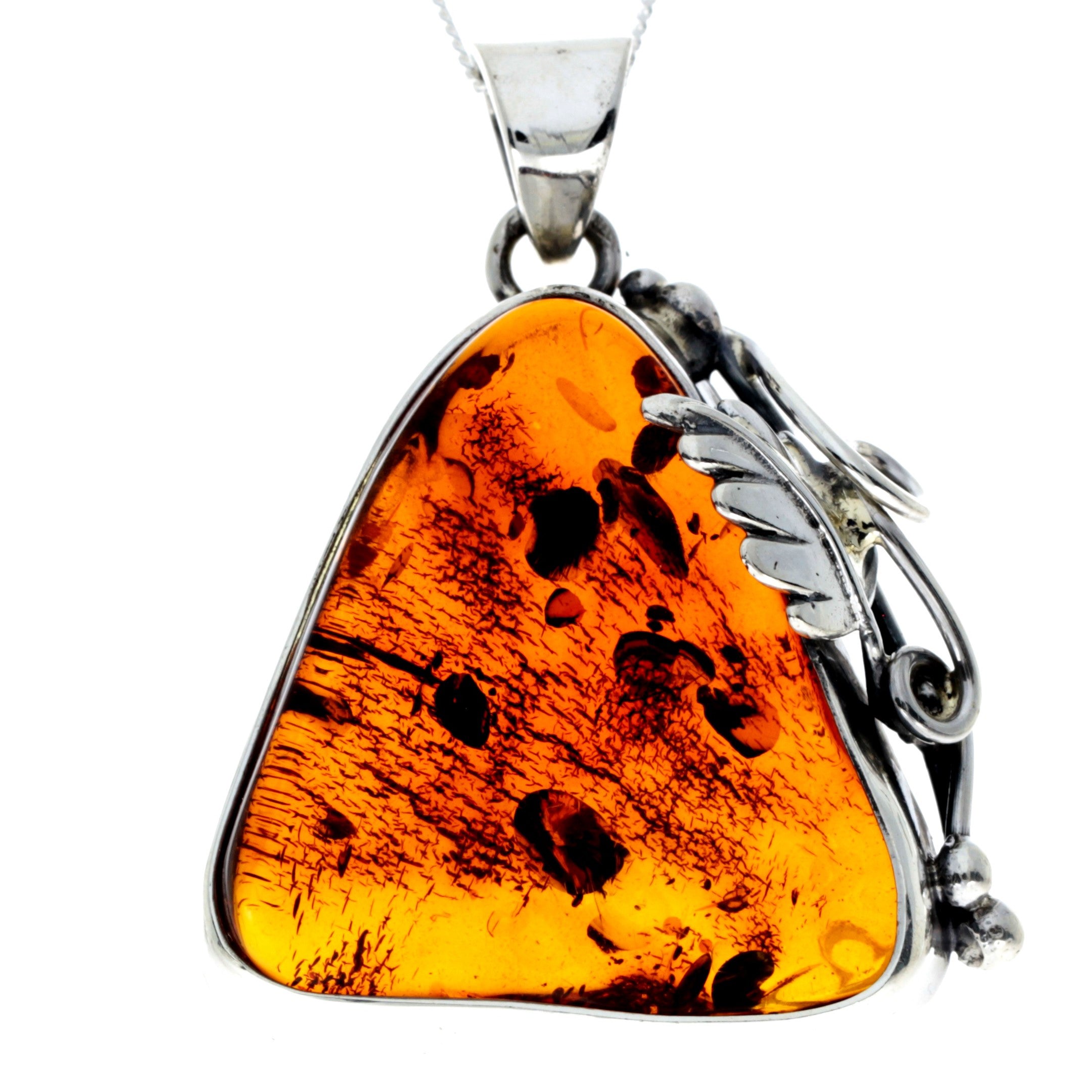 925 Sterling Silver & Genuine Cognac Baltic Amber Exlusive Unique Pendant - PD2393