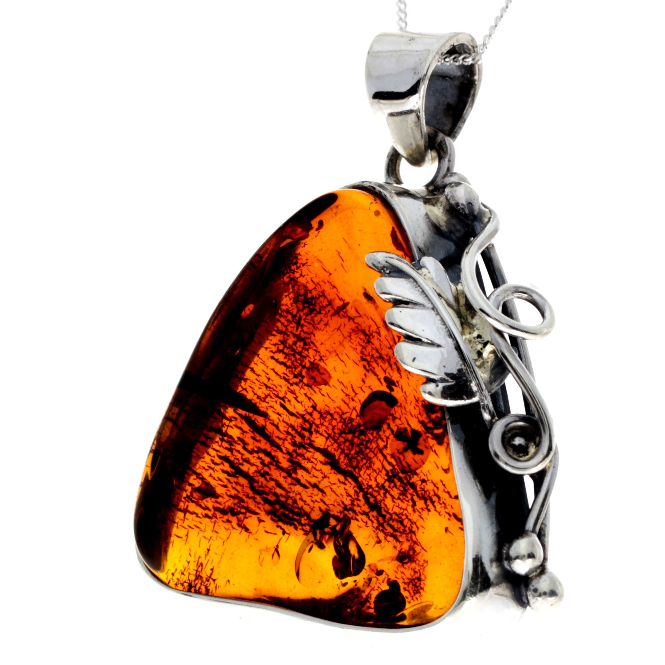 925 Sterling Silver & Genuine Cognac Baltic Amber Exlusive Unique Pendant - PD2393