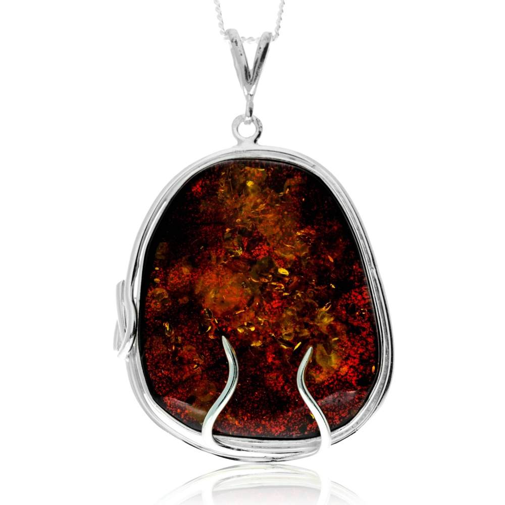 925 Sterling Silver & Genuine Green Baltic Amber Exlusive Unique Pendant - PD2400