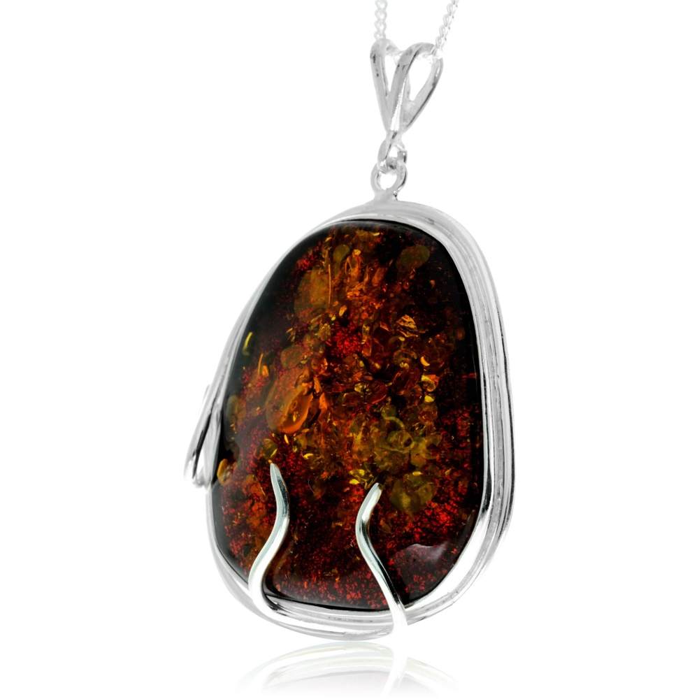 925 Sterling Silver & Genuine Green Baltic Amber Exlusive Unique Pendant - PD2400