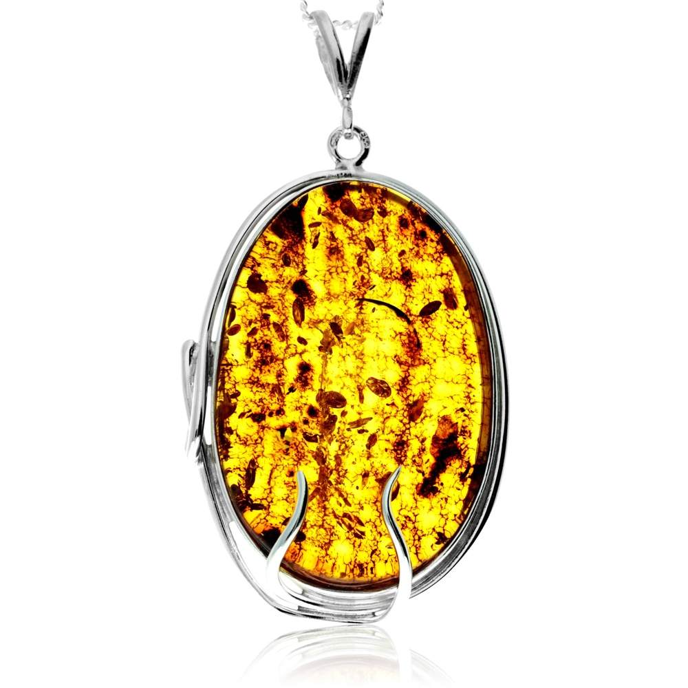 925 Sterling Silver & Genuine Cognac Baltic Amber Exlusive Unique Pendant - PD2401