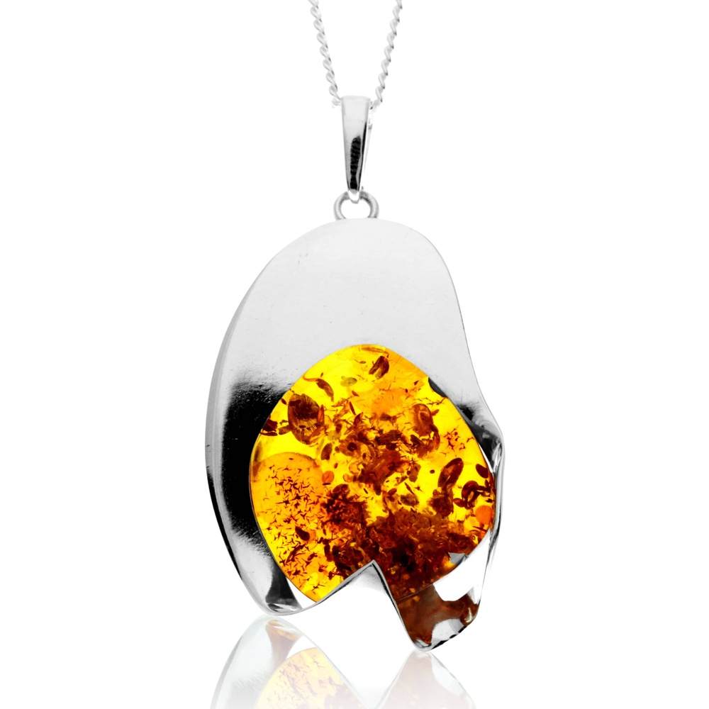 925 Sterling Silver & Genuine Cognac Baltic Amber Exlusive Unique Pendant - PD2403