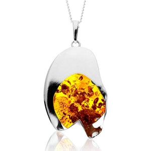 925 Sterling Silver & Genuine Cognac Baltic Amber Exlusive Unique Pendant - PD2403