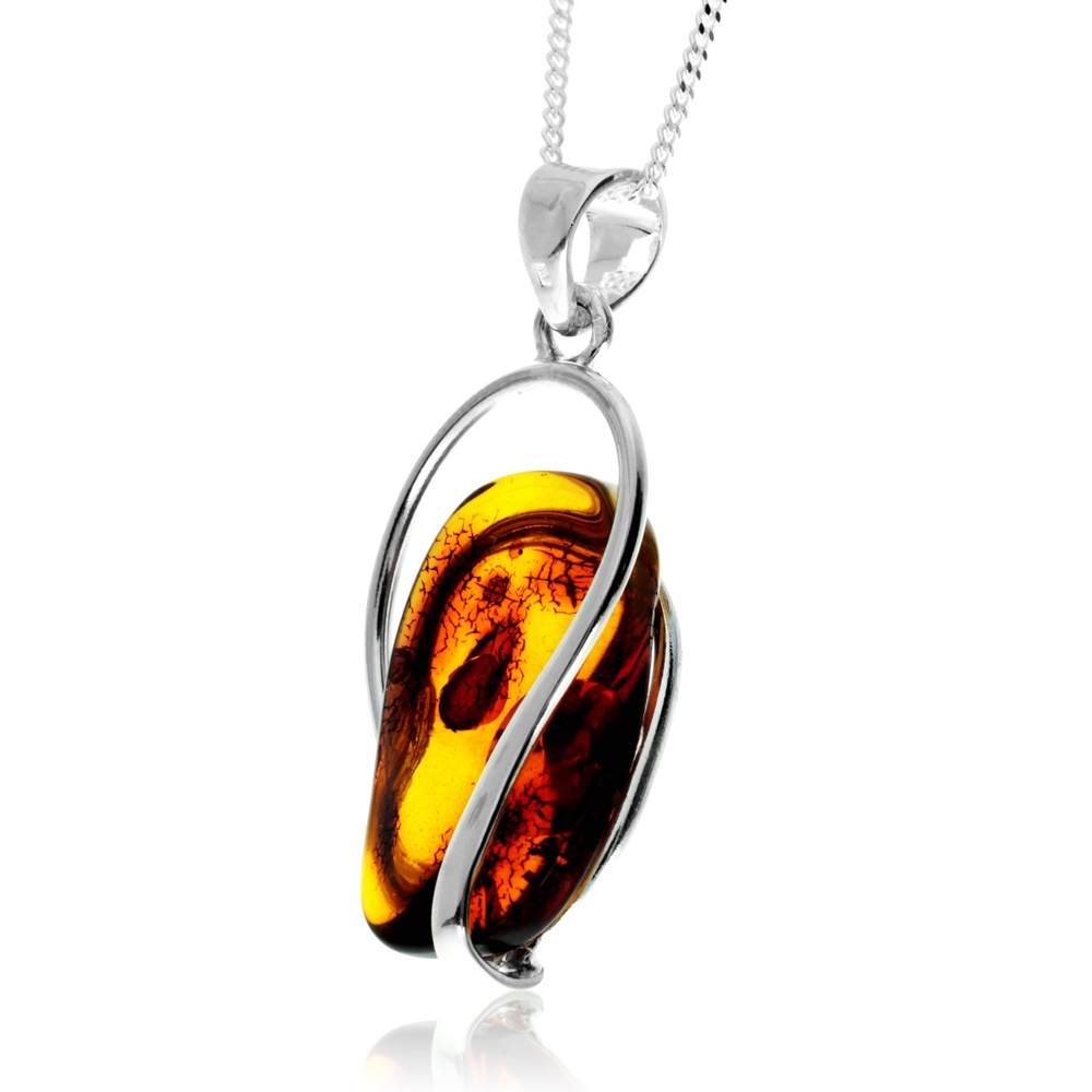 925 Sterling Silver & Genuine Cognac Baltic Amber Exlusive Unique Pendant - PD2405