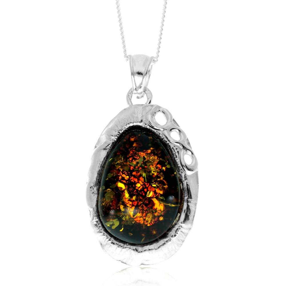 925 Sterling Silver & Genuine Green Baltic Amber Exlusive Unique Pendant - PD2406