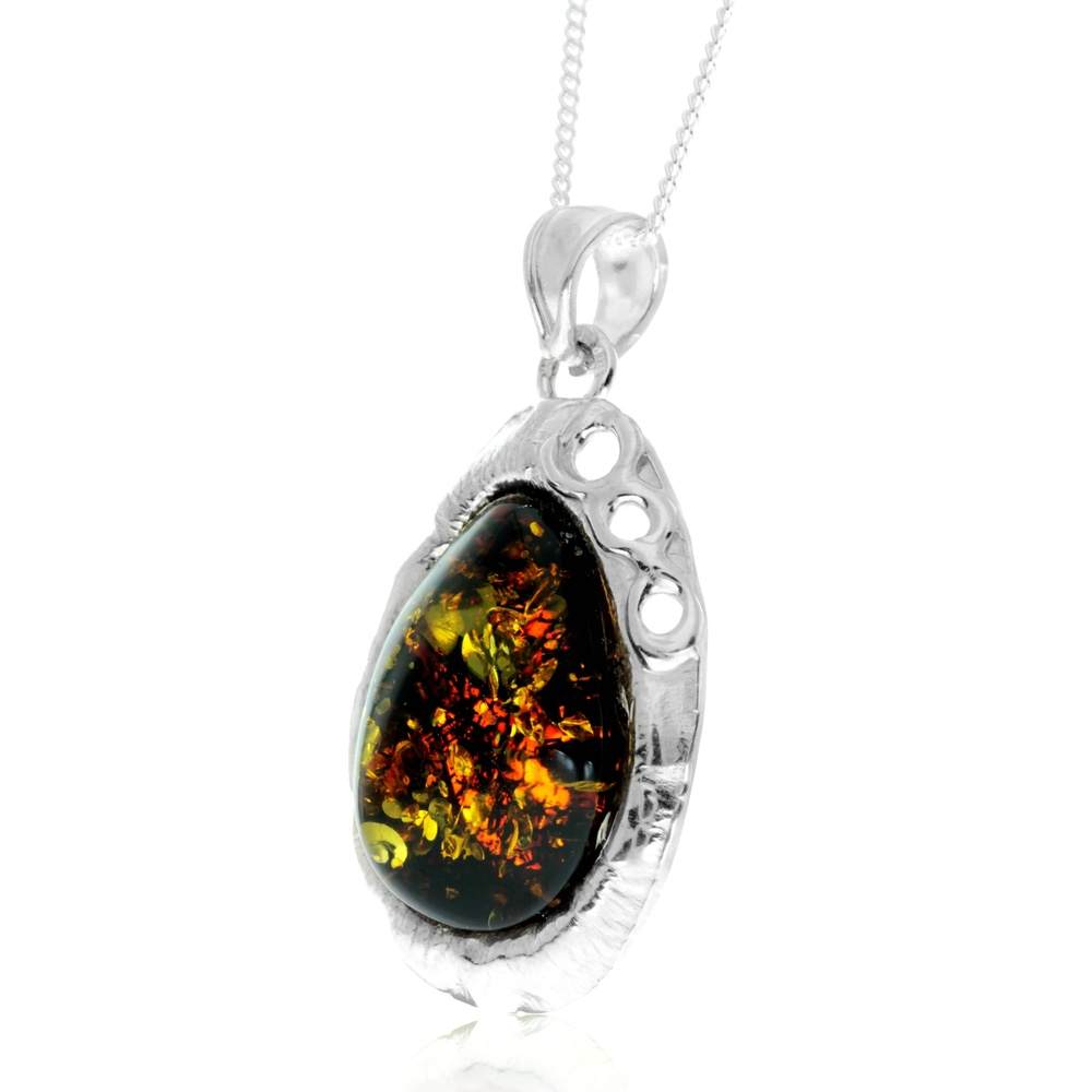 925 Sterling Silver & Genuine Green Baltic Amber Exlusive Unique Pendant - PD2406