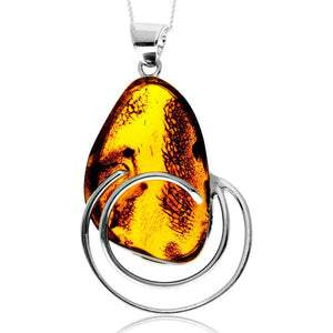 925 Sterling Silver & Genuine Cognac Baltic Amber Exlusive Unique Pendant - PD2407