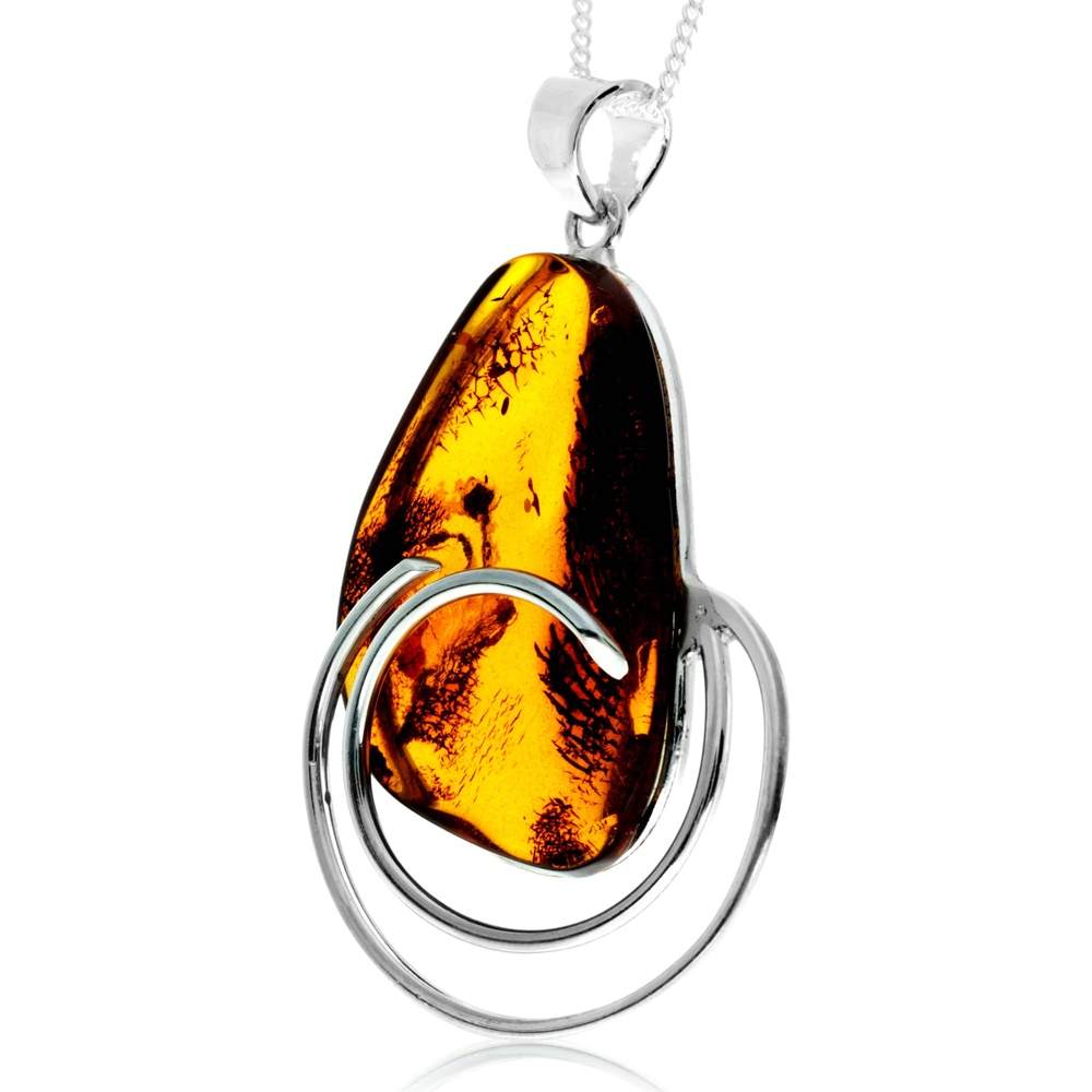 925 Sterling Silver & Genuine Cognac Baltic Amber Exlusive Unique Pendant - PD2407