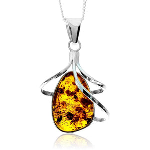 925 Sterling Silver & Genuine Cognac Baltic Amber Exlusive Unique Pendant - PD2409