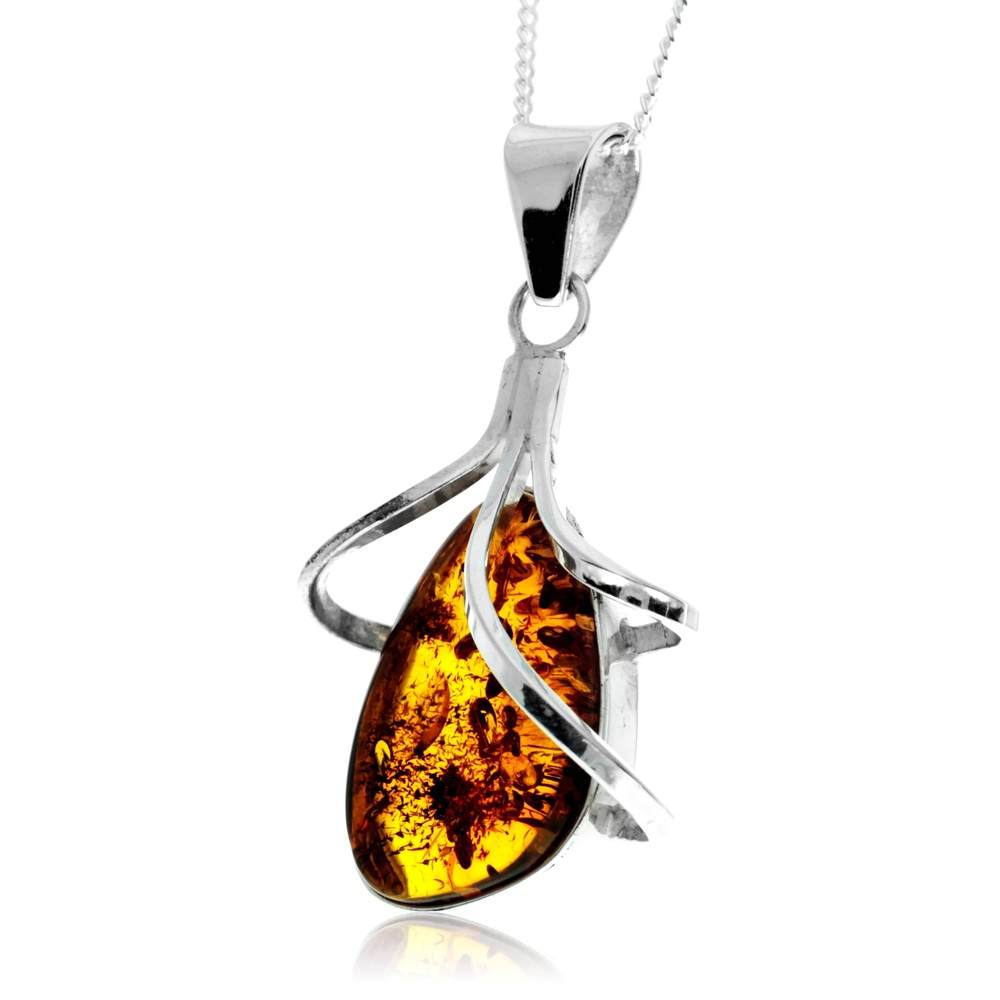 925 Sterling Silver & Genuine Cognac Baltic Amber Exlusive Unique Pendant - PD2409