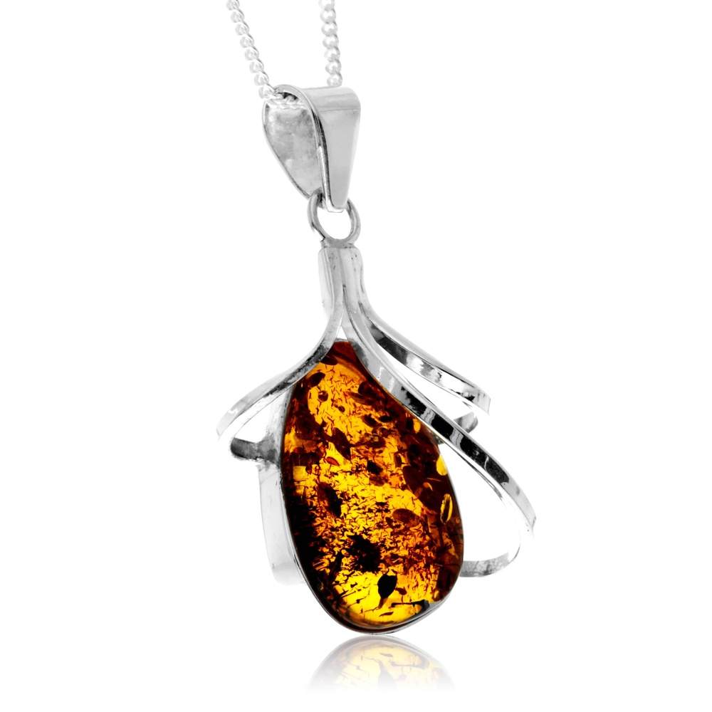 925 Sterling Silver & Genuine Cognac Baltic Amber Exlusive Unique Pendant - PD2409