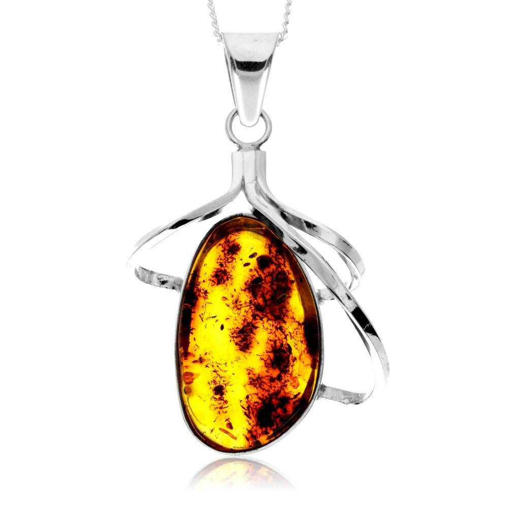 925 Sterling Silver & Genuine Cognac Baltic Amber Exlusive Unique Pendant - PD2410