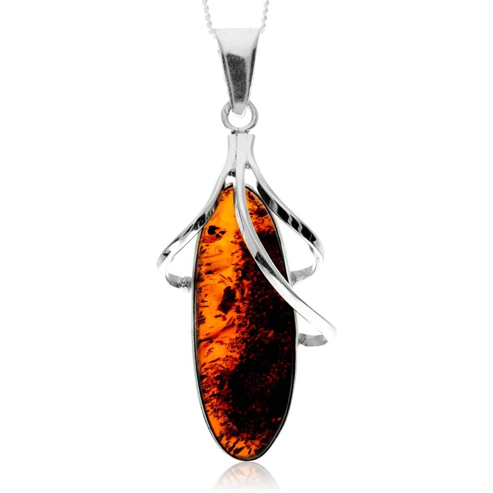 Ligurius Natural Baltic Amber Pendant Necklace – Sterling Silver 925, Oval Cognac Gemstone, Snake Chain, 18-22 Inches