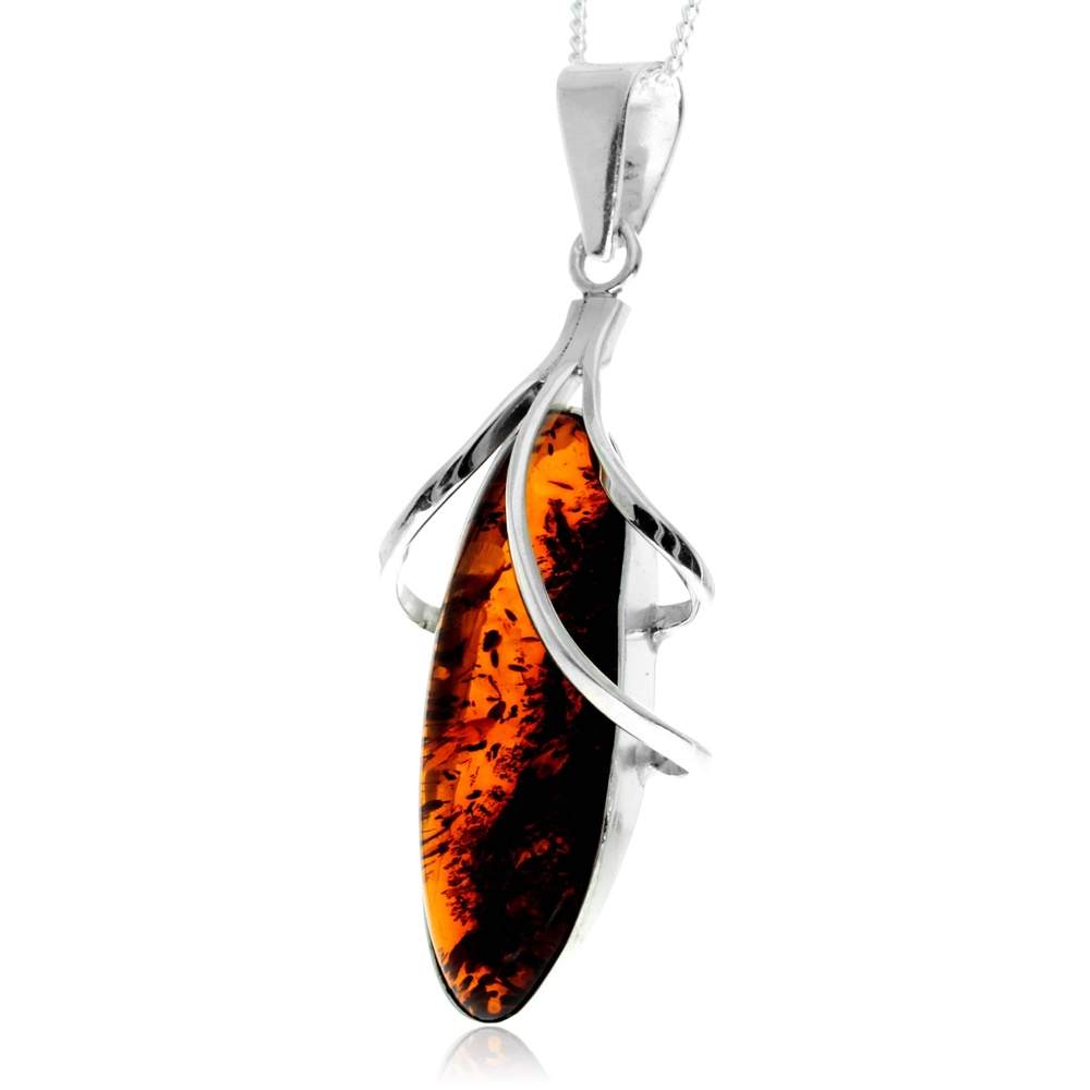 925 Sterling Silver & Genuine Cognac Baltic Amber Exlusive Unique Pendant - PD2411