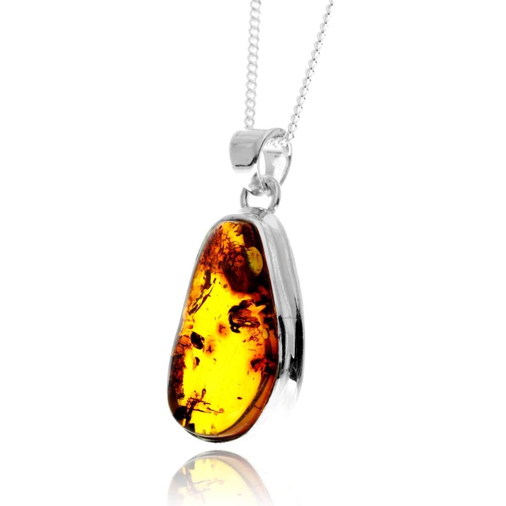 925 Sterling Silver & Genuine Cognac Baltic Amber Exlusive Unique Pendant - PD2414