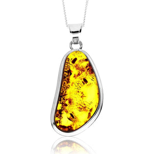 925 Sterling Silver & Genuine Cognac Baltic Amber Exlusive Unique Pendant - PD2415