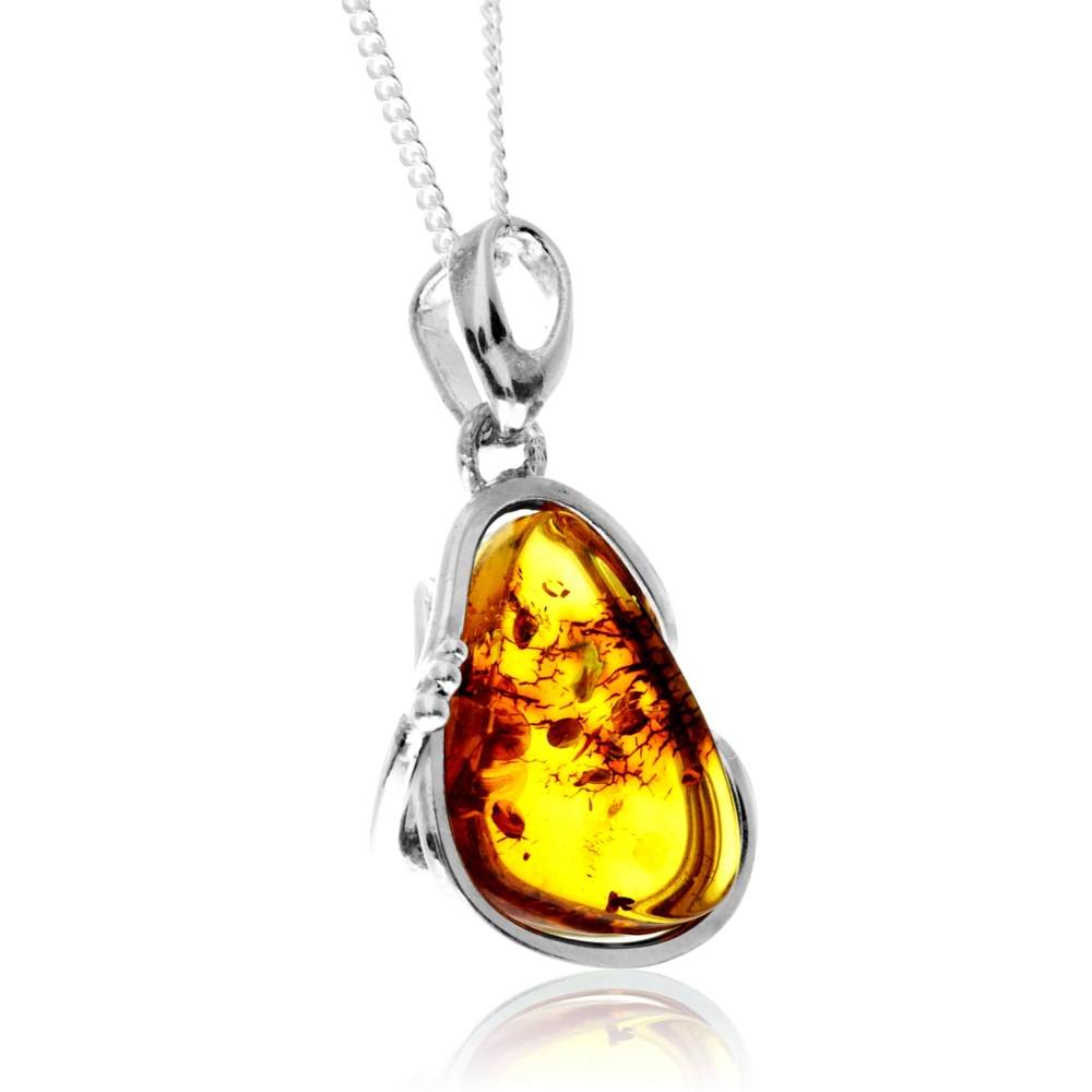 925 Sterling Silver & Genuine Cognac Baltic Amber Exlusive Unique Pendant - PD2418