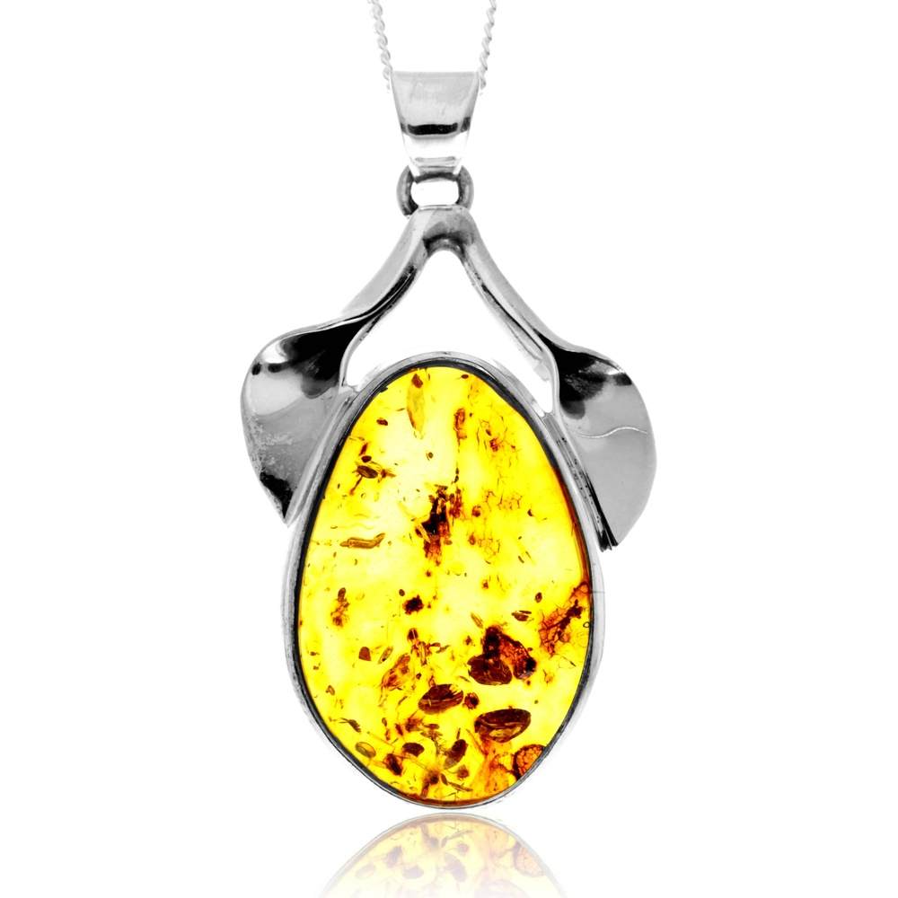 925 Sterling Silver & Genuine Cognac Baltic Amber Exlusive Unique Pendant - PD2421