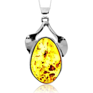 925 Sterling Silver & Genuine Cognac Baltic Amber Exlusive Unique Pendant - PD2421