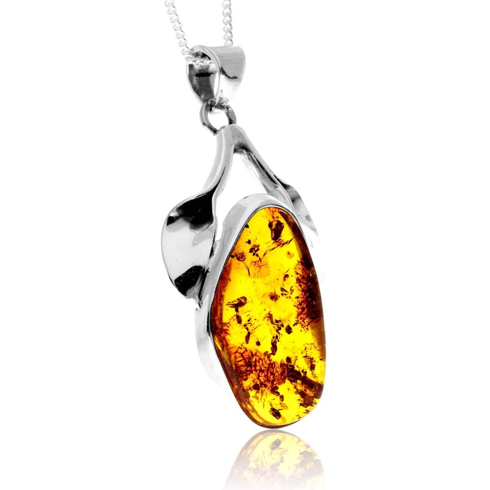 925 Sterling Silver & Genuine Cognac Baltic Amber Exlusive Unique Pendant - PD2422