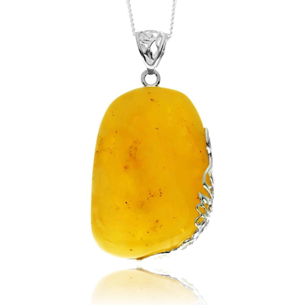 925 Sterling Silver & Genuine Lemon Baltic Amber Exlusive Unique Pendant - PD2423