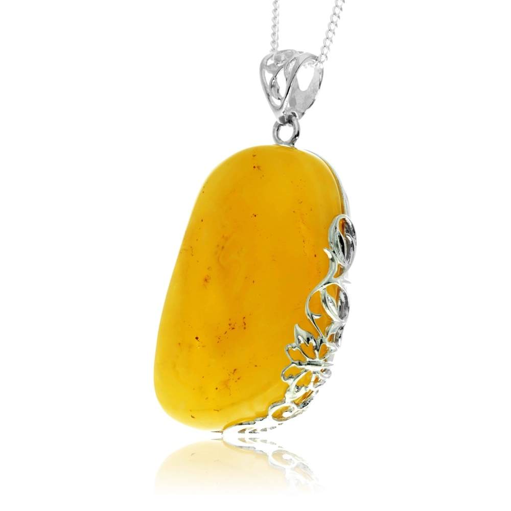 925 Sterling Silver & Genuine Lemon Baltic Amber Exlusive Unique Pendant - PD2423