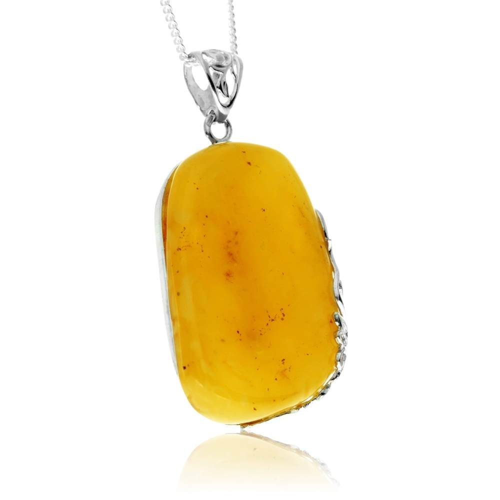 925 Sterling Silver & Genuine Lemon Baltic Amber Exlusive Unique Pendant - PD2423