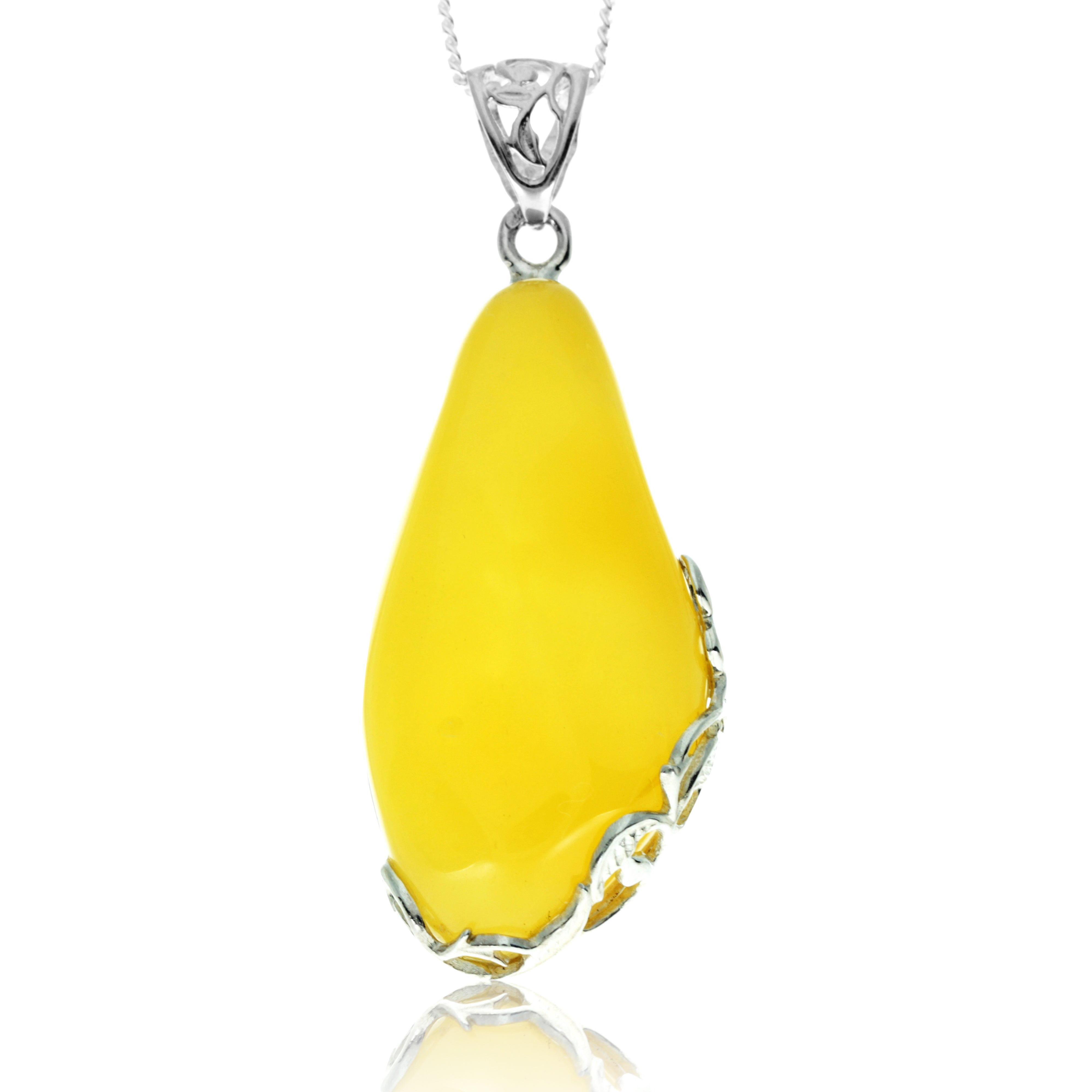 925 Sterling Silver & Genuine Lemon Baltic Amber Exlusive Unique Pendant - PD2425