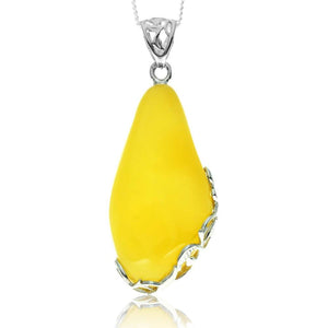 925 Sterling Silver & Genuine Lemon Baltic Amber Exlusive Unique Pendant - PD2425