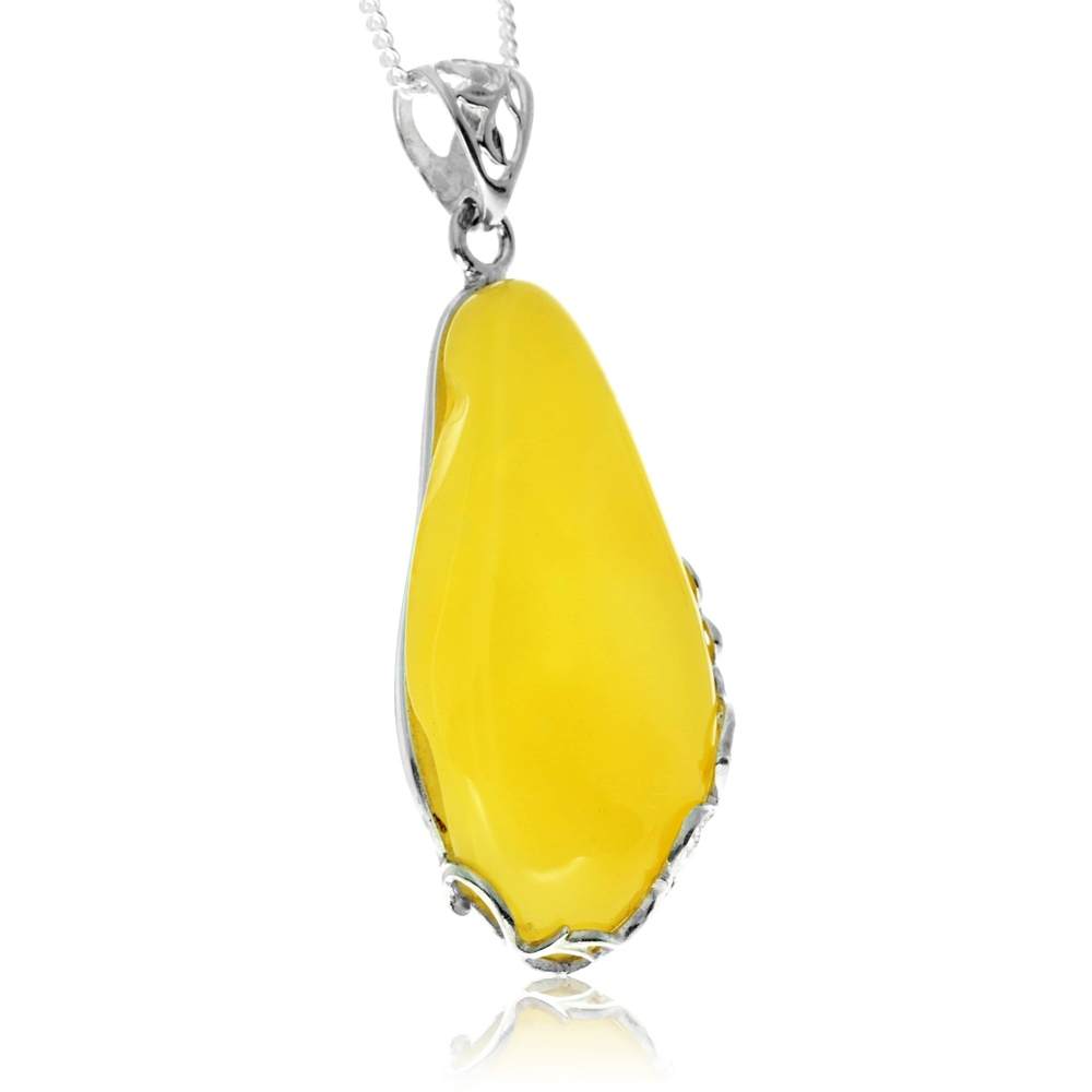 925 Sterling Silver & Genuine Lemon Baltic Amber Exlusive Unique Pendant - PD2425