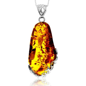 925 Sterling Silver & Genuine Cognac Baltic Amber Exlusive Unique Pendant - PD2430