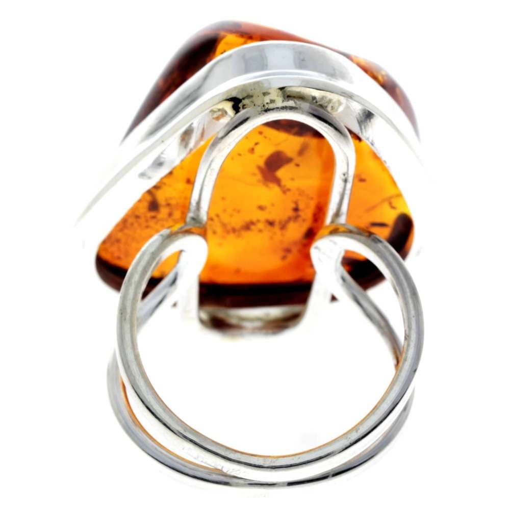 925 Sterling Silver & Genuine Cognac Baltic Amber Unique Ring - RG0681
