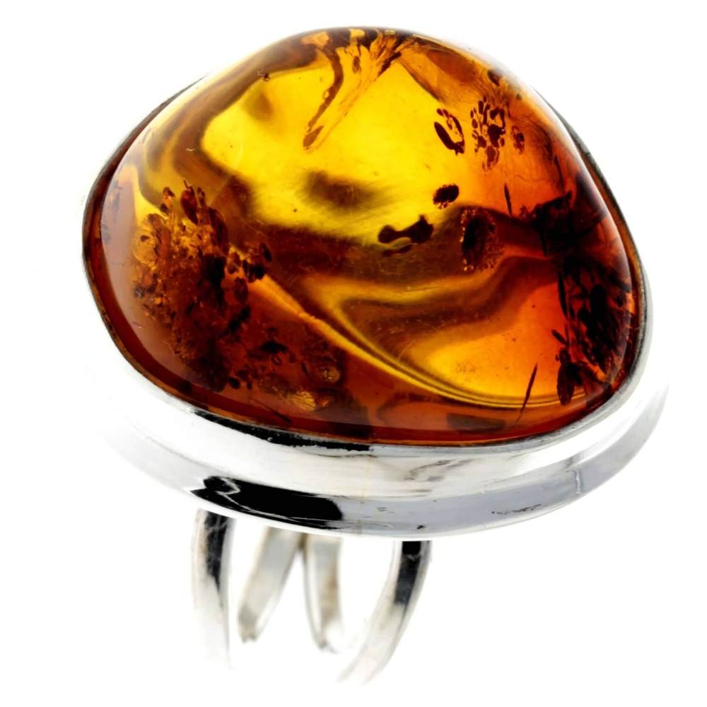 925 Sterling Silver & Genuine Cognac Baltic Amber Unique Ring - RG0682