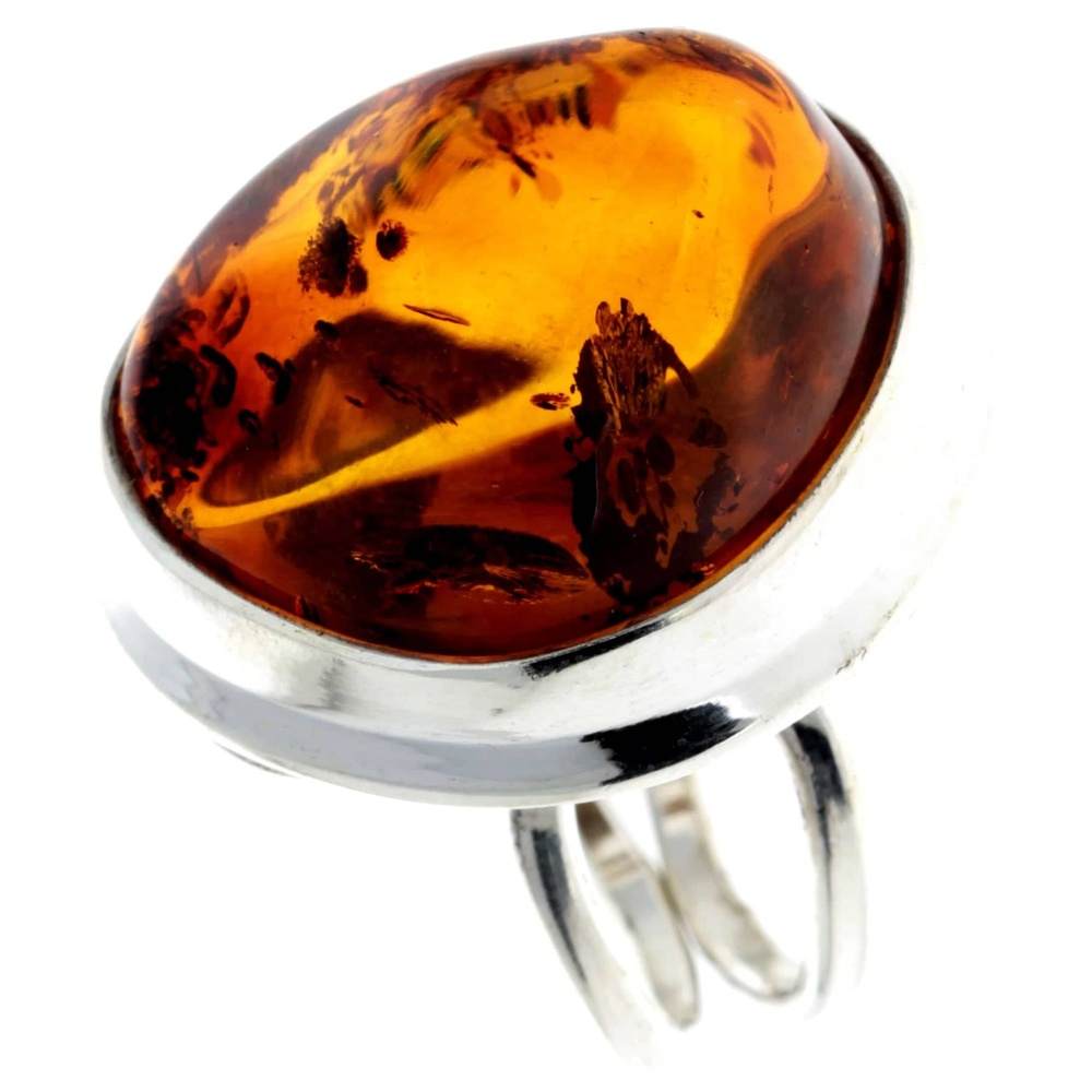 925 Sterling Silver & Genuine Cognac Baltic Amber Unique Ring - RG0682