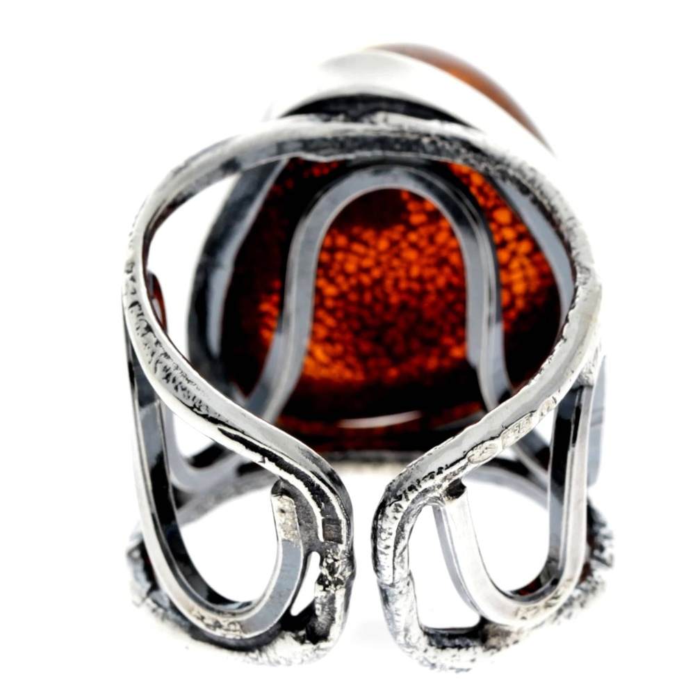 925 Sterling Silver & Genuine Cognac Baltic Amber Unique Ring - RG0707