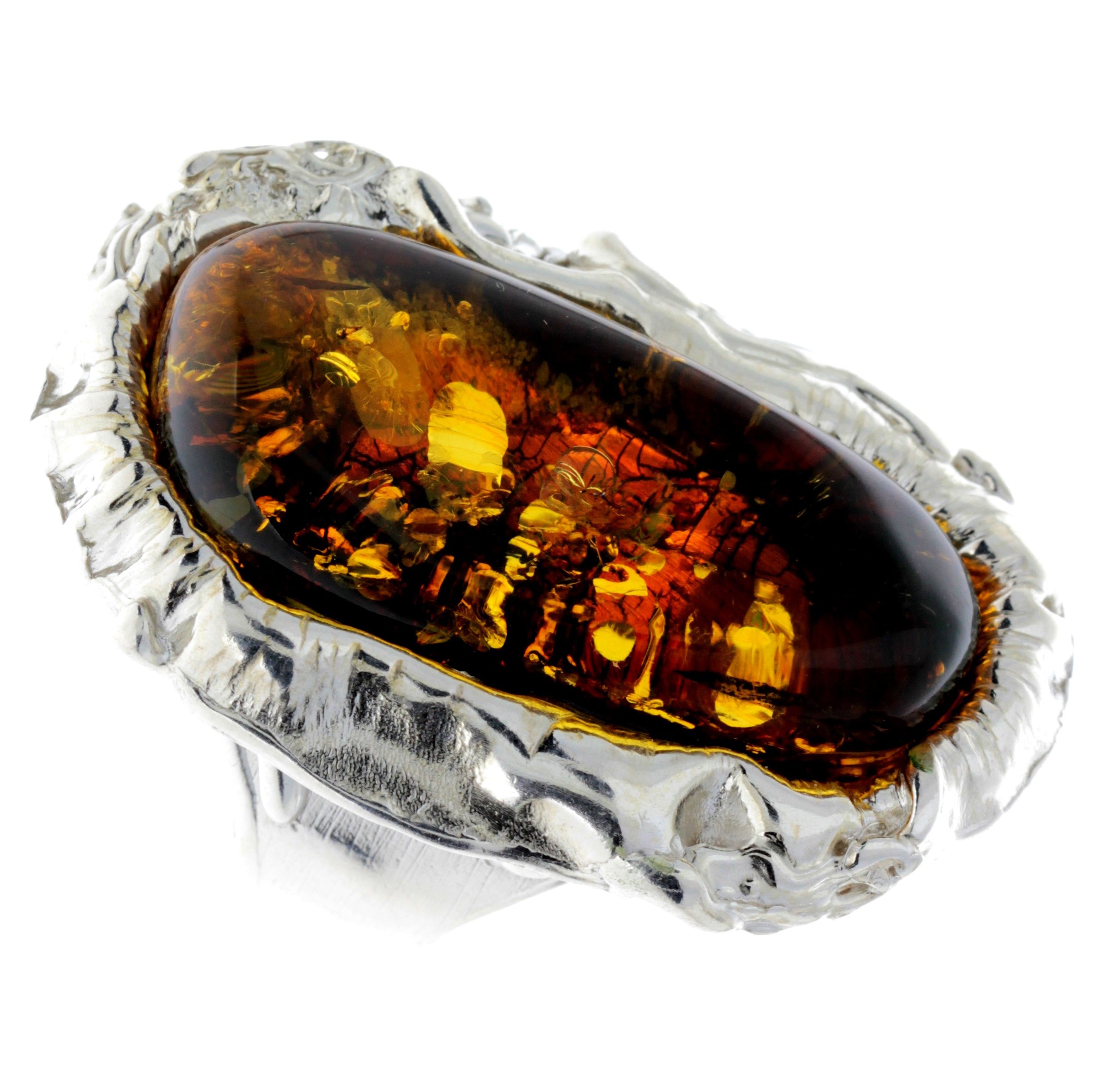 925 Sterling Silver & Genuine Green Baltic Amber Unique Ring - RG0720