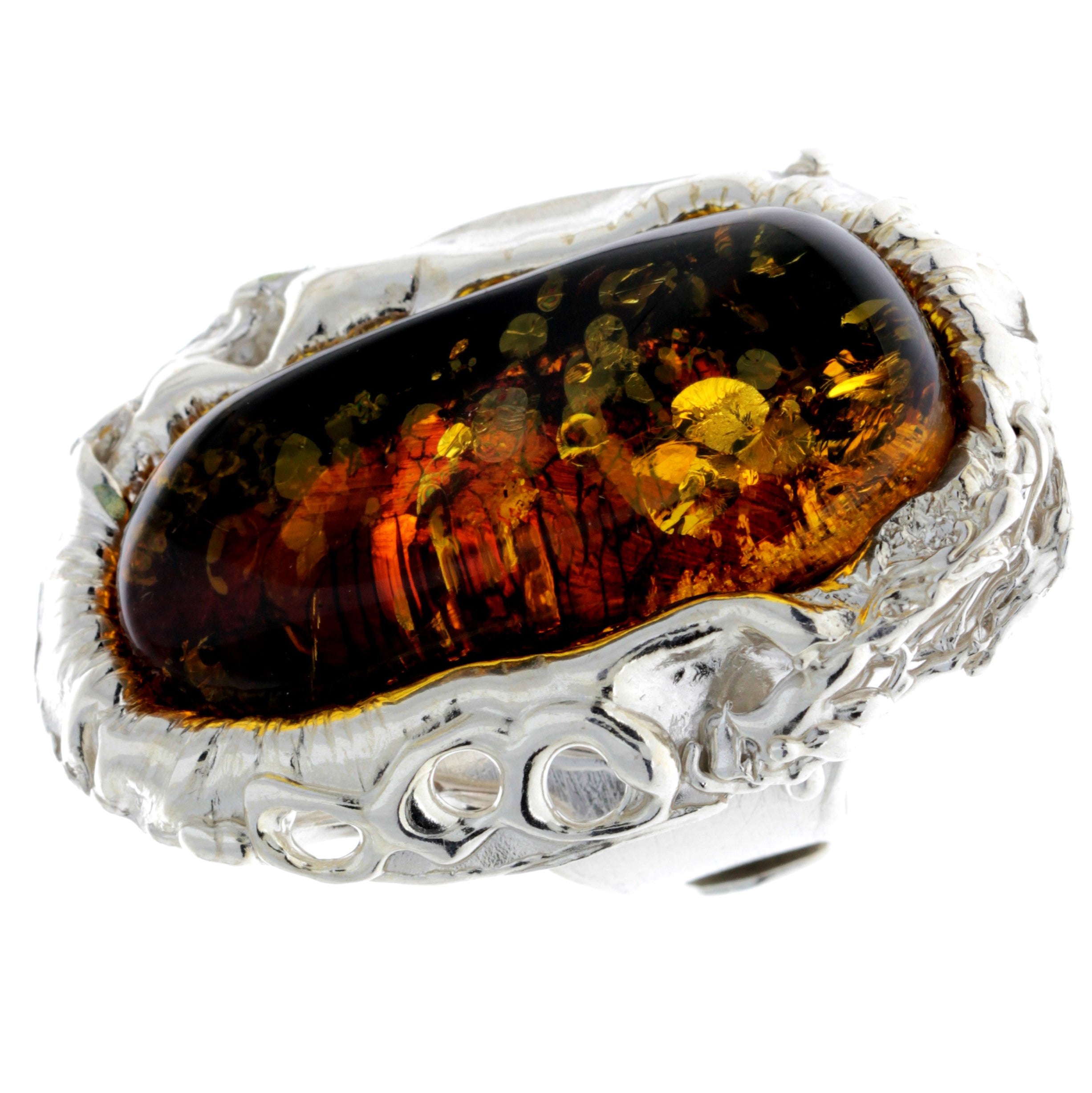 925 Sterling Silver & Genuine Green Baltic Amber Unique Ring - RG0720
