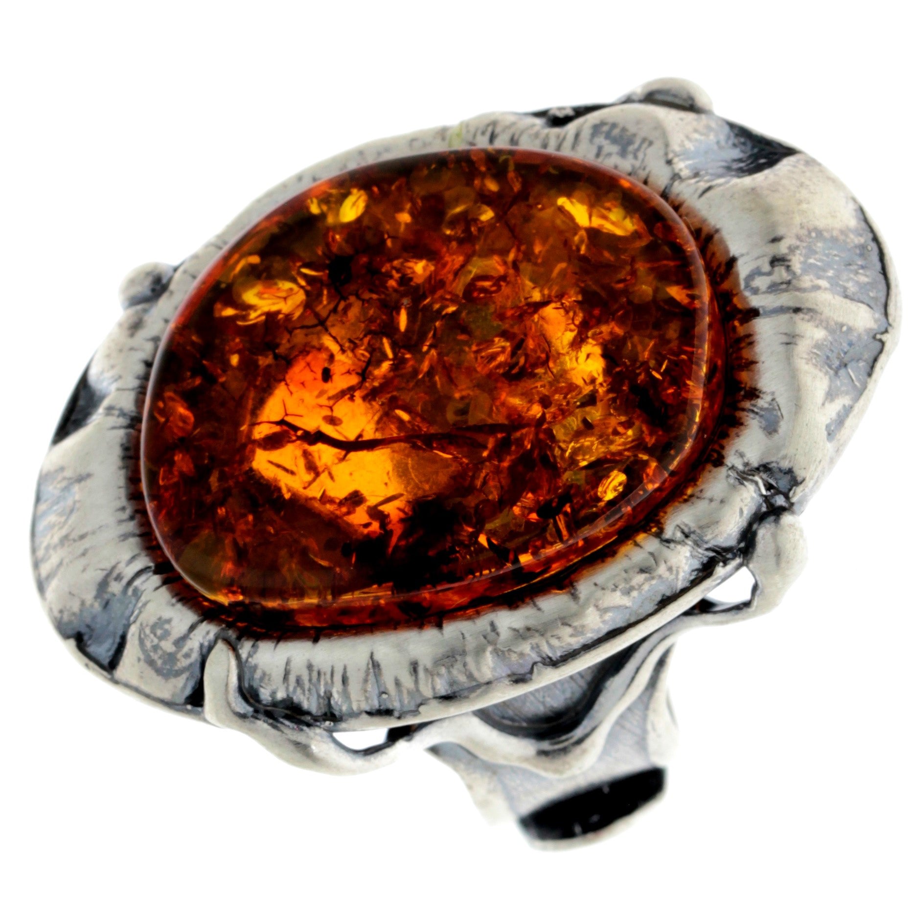 925 Sterling Silver & Genuine Cognac Baltic Amber Unique Ring - RG0721
